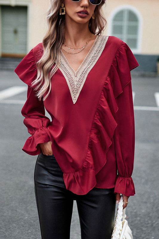 V-Neck Flounce Sleeve Ruffle Trim Blouse  - Doll Fits