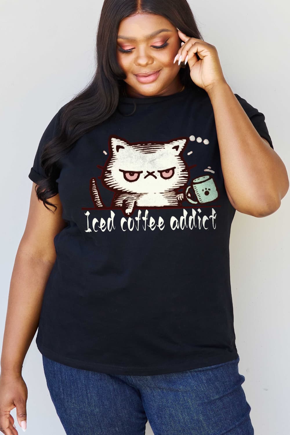 Simply Love Full Size ICED COFFEE ADDICT Graphic Cotton Tee  Shirts & Tops- Doll Fits