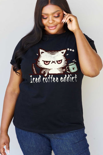 Simply Love Full Size ICED COFFEE ADDICT Graphic Cotton Tee  Shirts & Tops- Doll Fits