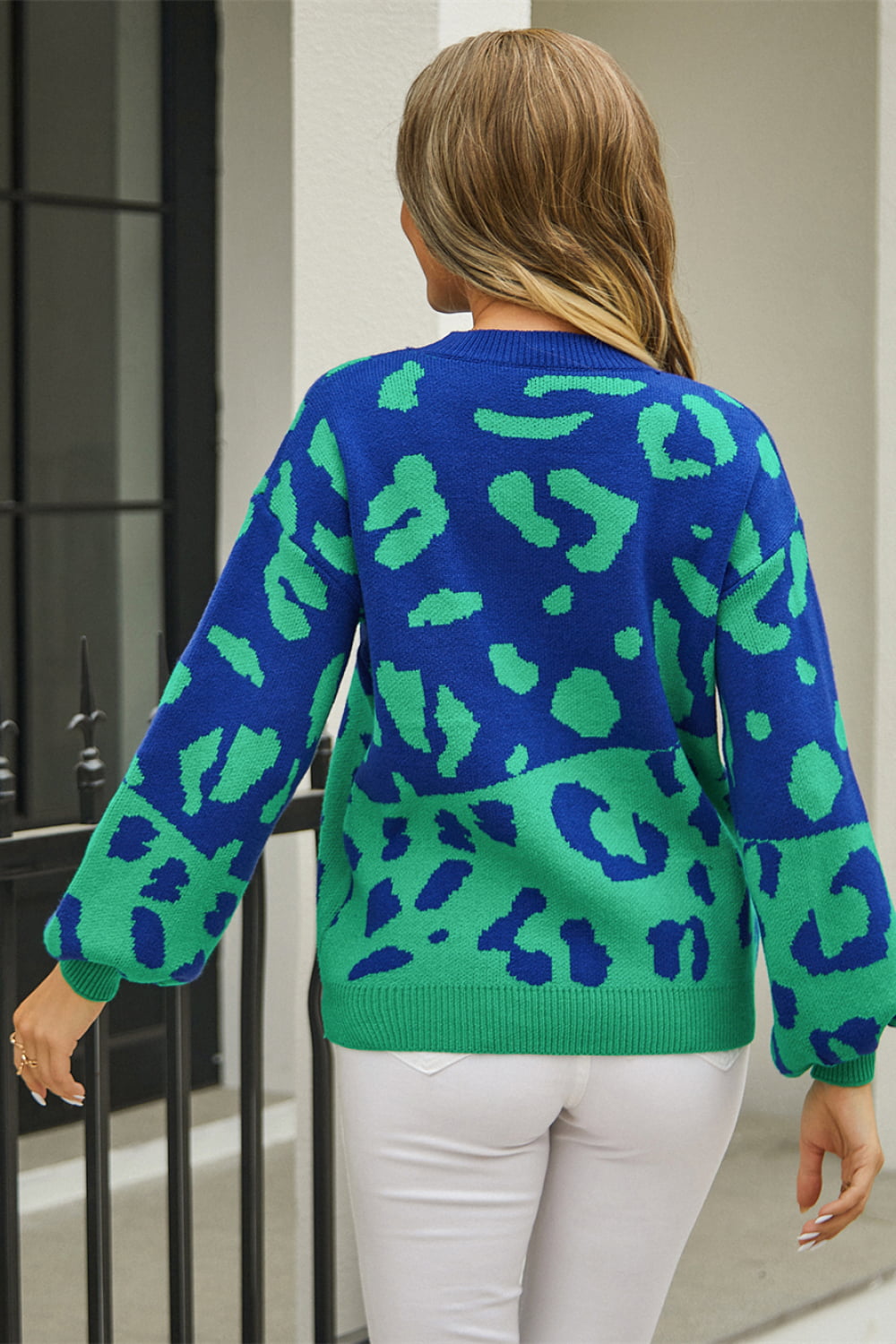 Woven Right Leopard Round Neck Dropped Shoulder Sweater  - Doll Fits