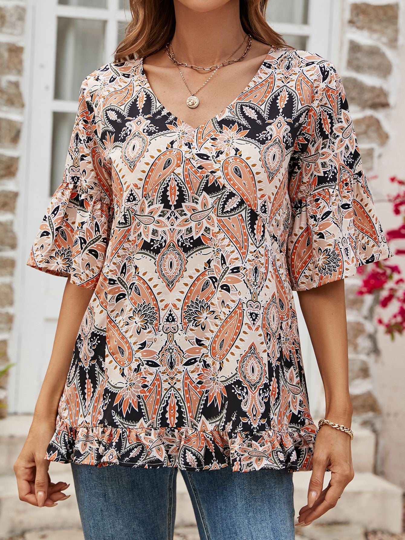 Printed Flounce Sleeve Ruffle Hem Blouse  Shirts & Tops- Doll Fits