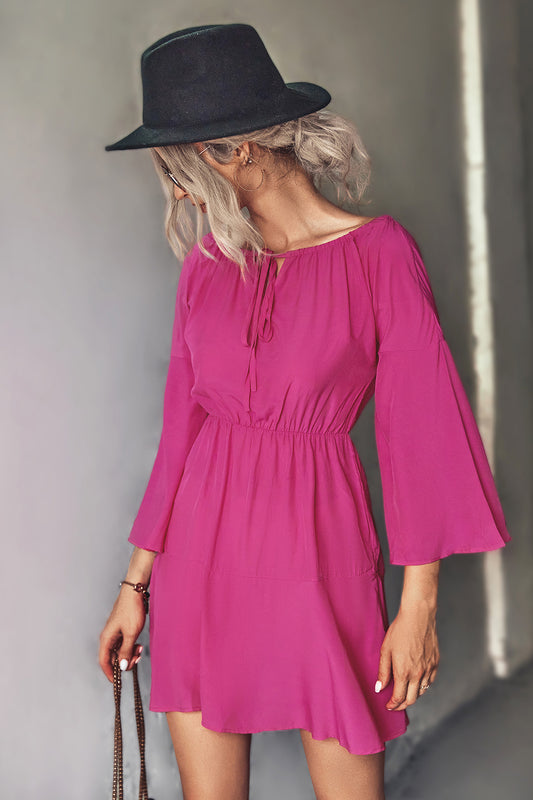Tie Neck Flare Sleeve Mini Dress  Dresses- Doll Fits