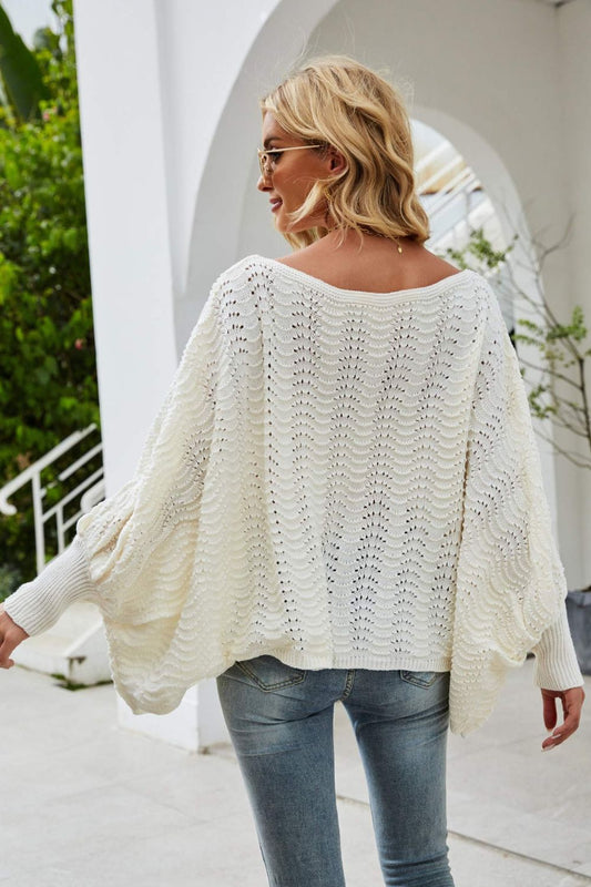 Openwork Boat Neck Dolman Sleeve Sweater  Shirts & Tops- Doll Fits