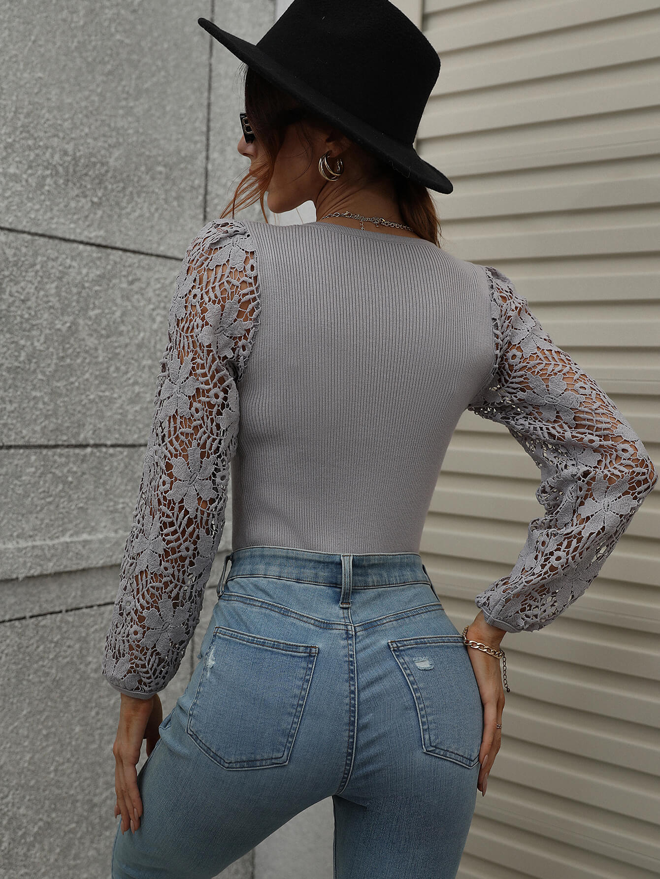 Lace Sleeve Round Neck Ribbed Top  Shirts & Tops- Doll Fits