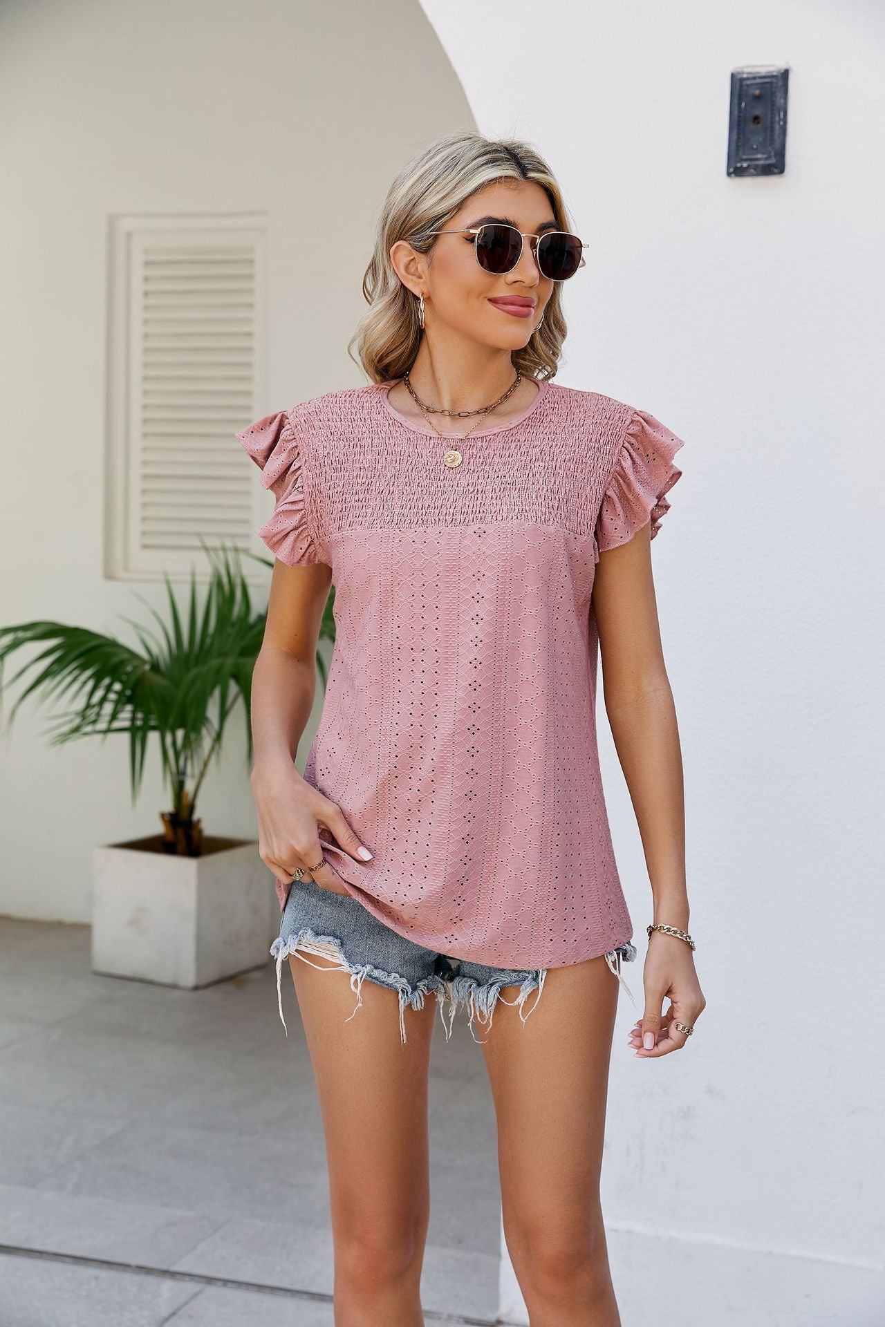 Smocked Round Neck Flutter Sleeve Top  Shirts & Tops- Doll Fits