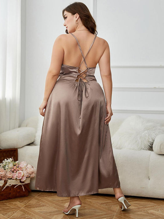 Plus Size Lace-Up Spaghetti Strap Split Night Dress  Dresses- Doll Fits