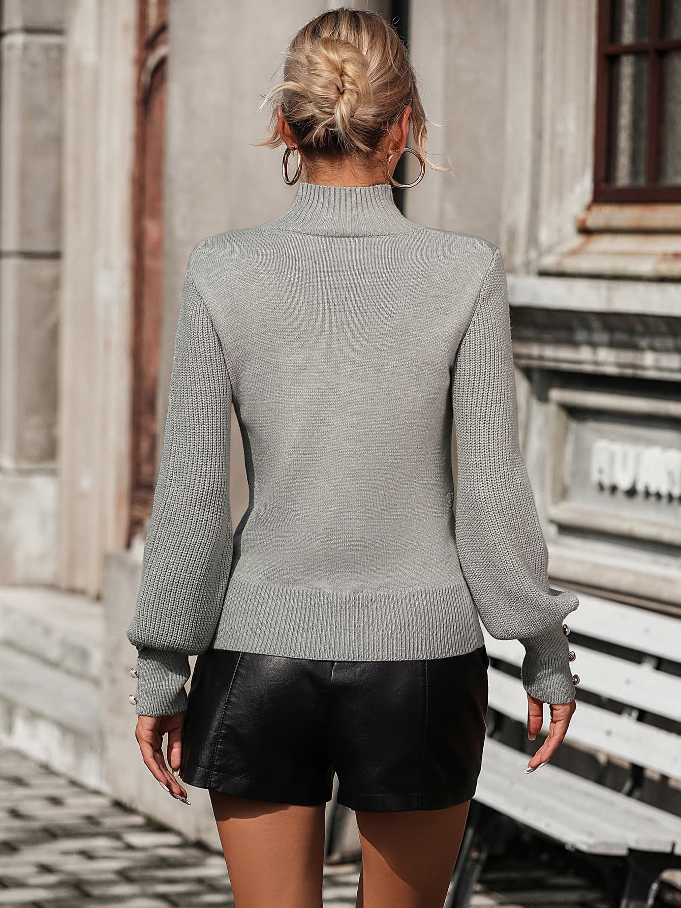 Mock Neck Ribbed Lantern Sleeve Pullover Sweater  - Doll Fits