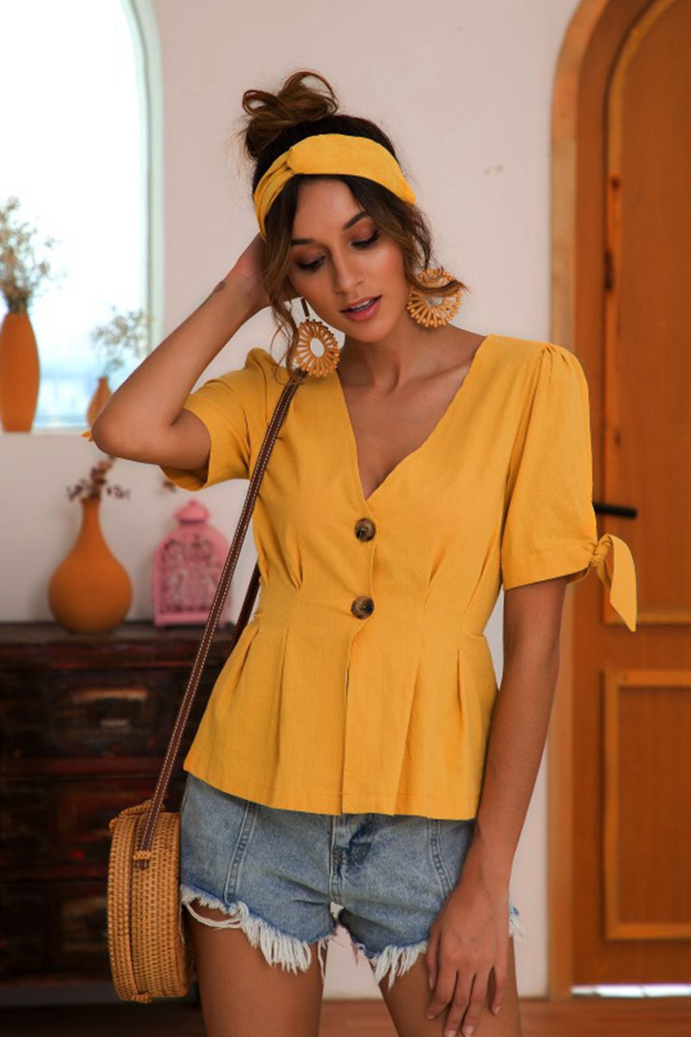 Buttoned V-Neck Short Sleeve Blouse  - Doll Fits