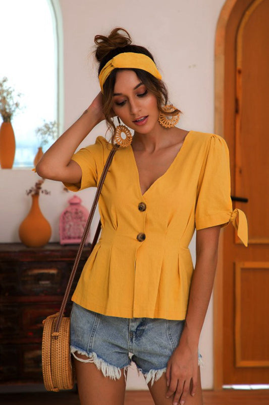 Buttoned V-Neck Short Sleeve Blouse  - Doll Fits