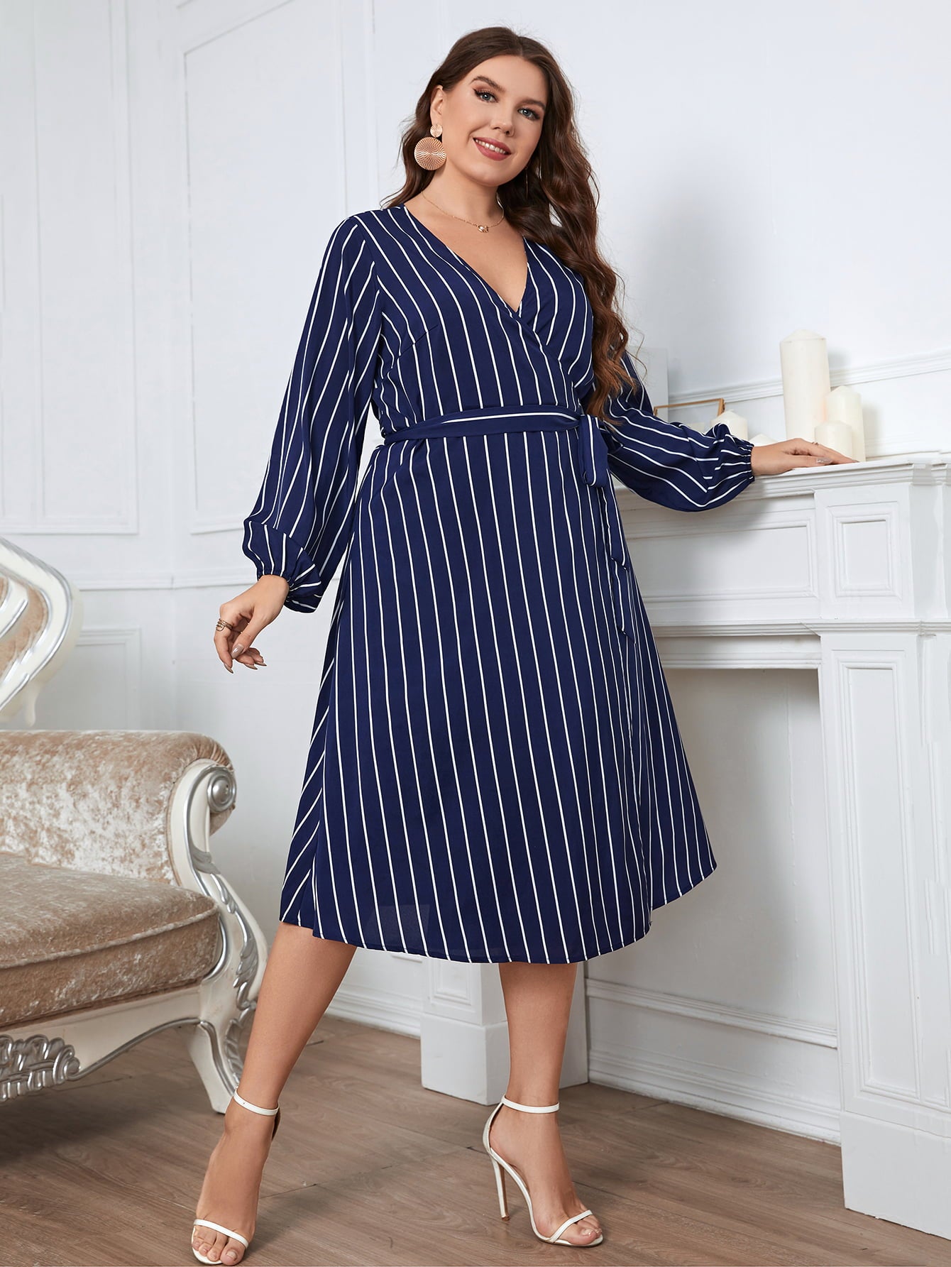 Melo Apparel Plus Size Striped Surplice Neck Long Sleeve Dress  Dresses- Doll Fits