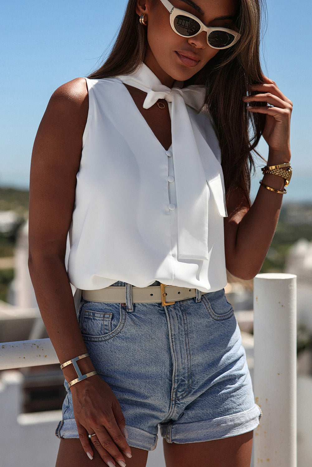 Tie Neck Buttoned Curved Hem Tank  Shirts & Tops- Doll Fits