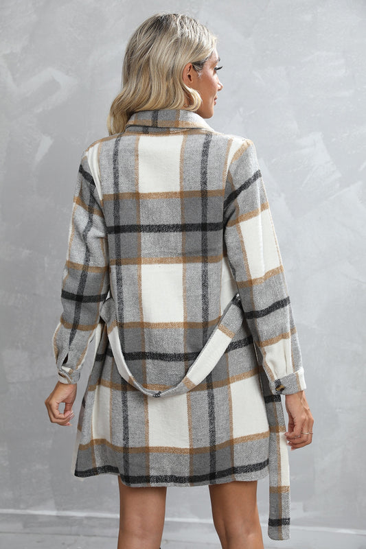 Plaid Tie Waist Longline Jacket