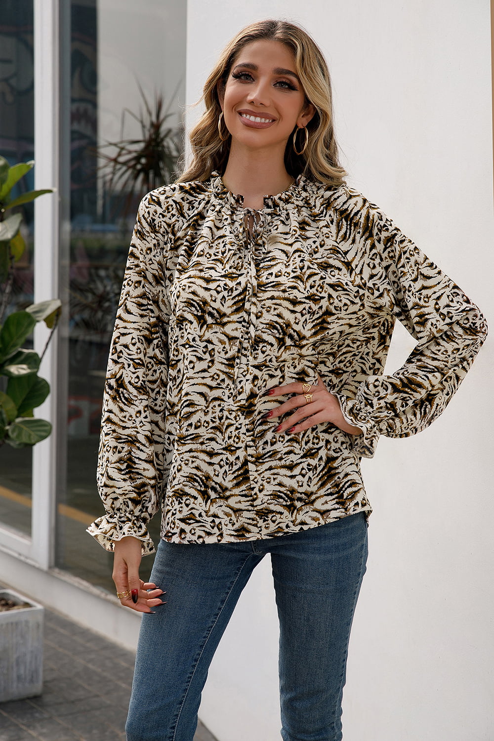 Printed Tie Neck Frill Trim Flounce Sleeve Blouse  Shirts & Tops- Doll Fits