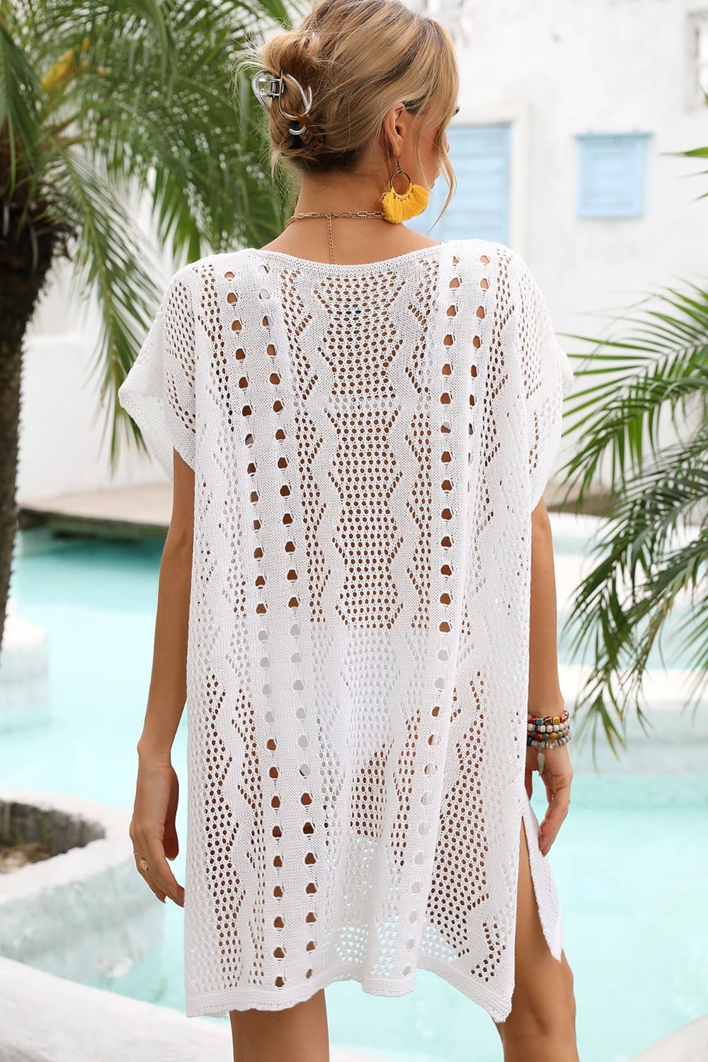 Openwork Plunge Dolman Sleeve Cover-Up Dress  Swimwear- Doll Fits