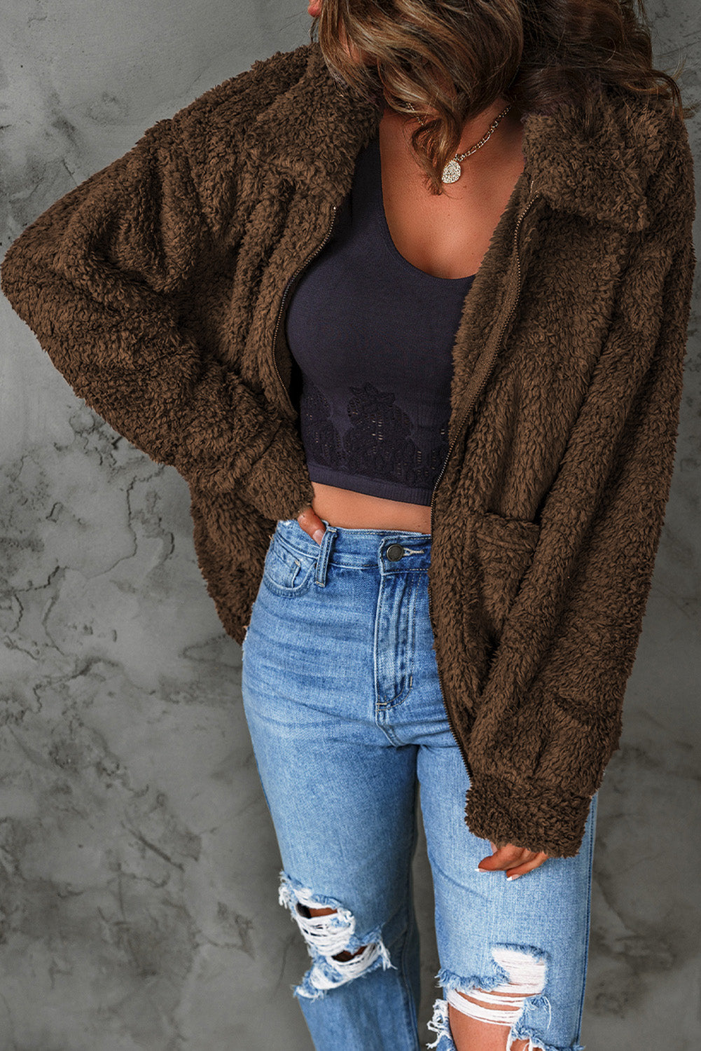 Zip Up Teddy Jacket with Pockets  Coats & Jackets- Doll Fits