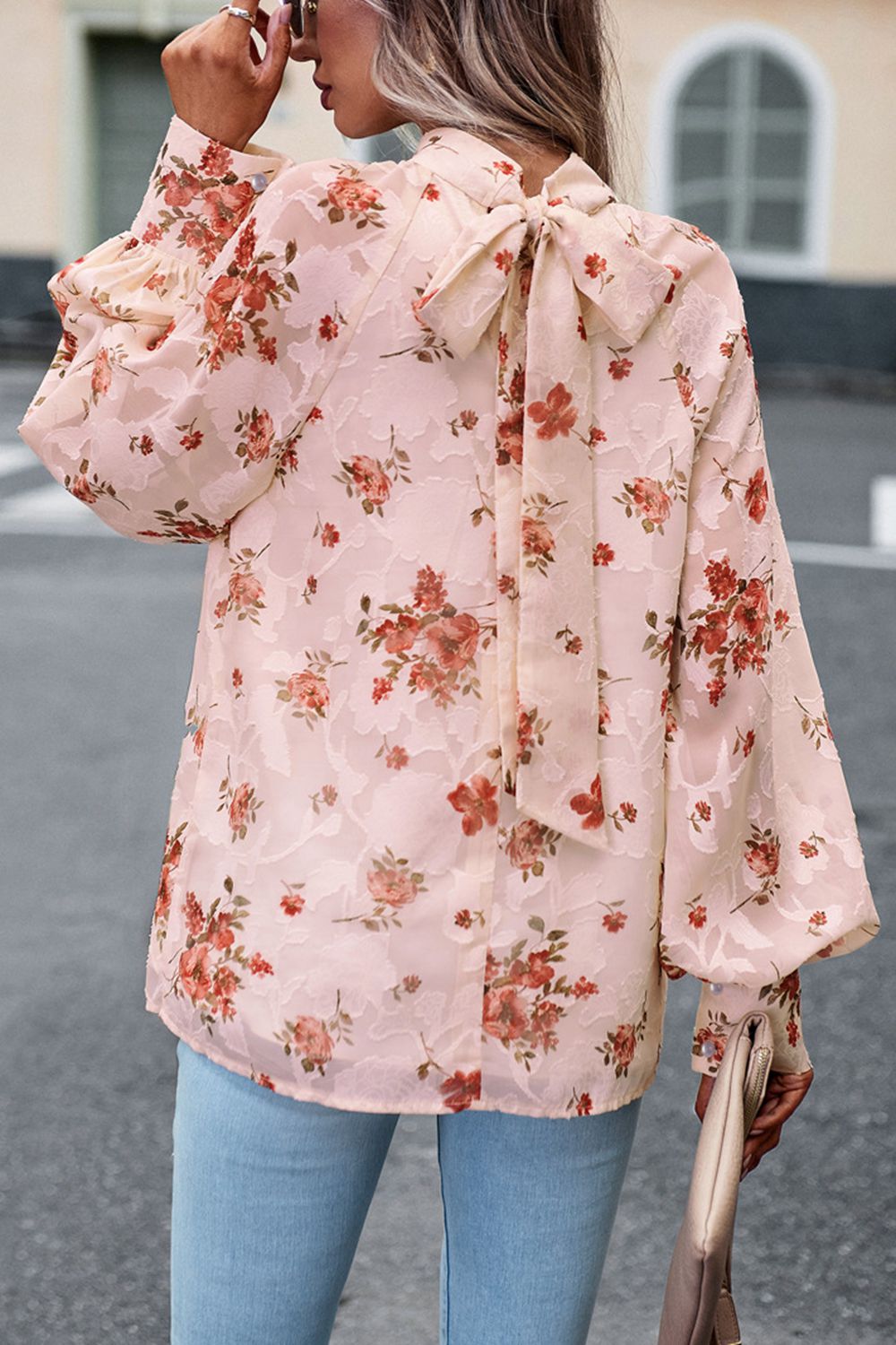 Floral Print Mock Neck Lantern Sleeve Blouse  - Doll Fits