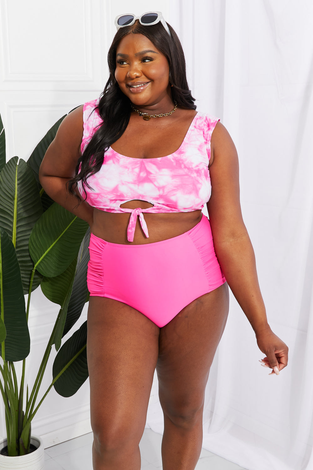 Marina West Swim Sanibel Crop Swim Top and Ruched Bottoms Set in Pink  Swimwear- Doll Fits