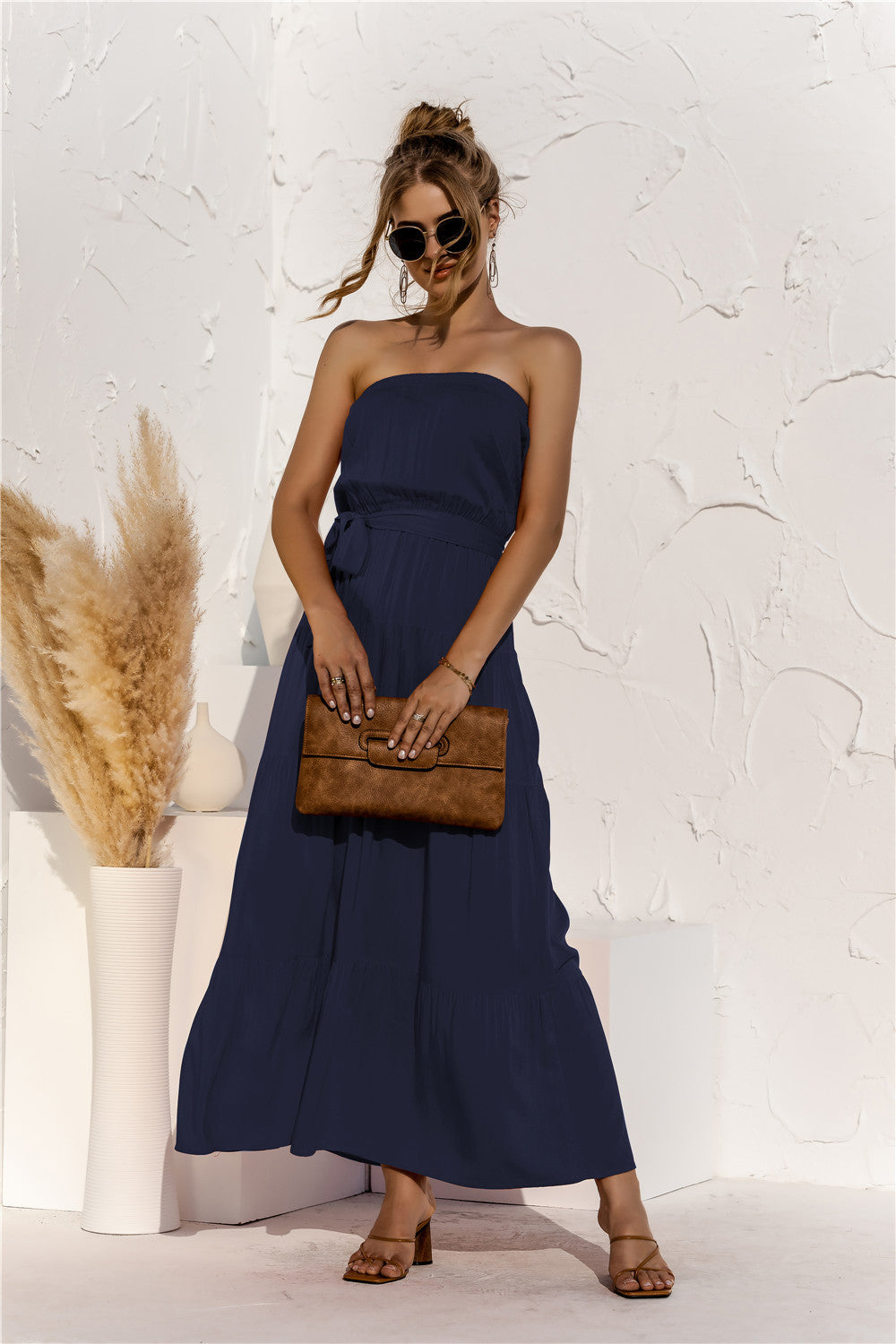 Strapless Tie Waist Tiered Maxi Dress  Dresses- Doll Fits