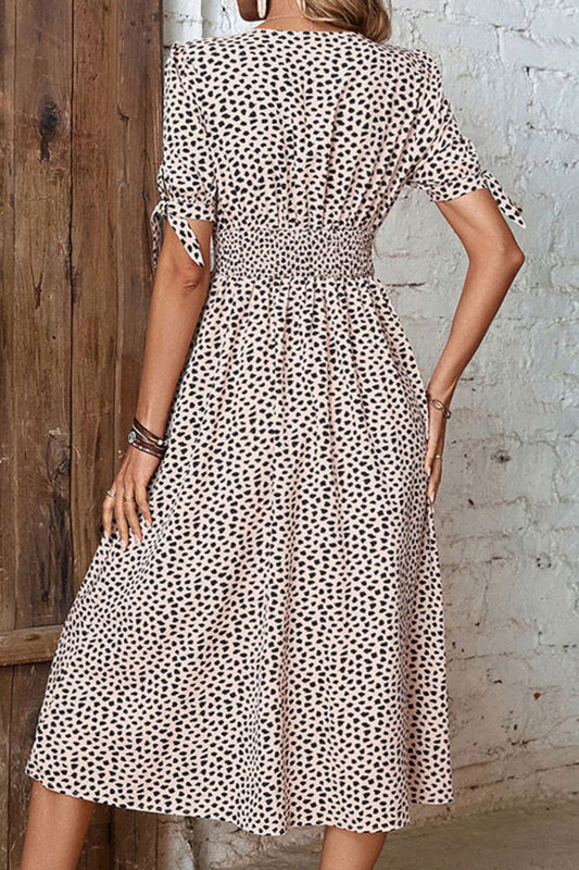 Animal Print Button Front V-Neck Tied Dress  Dresses- Doll Fits