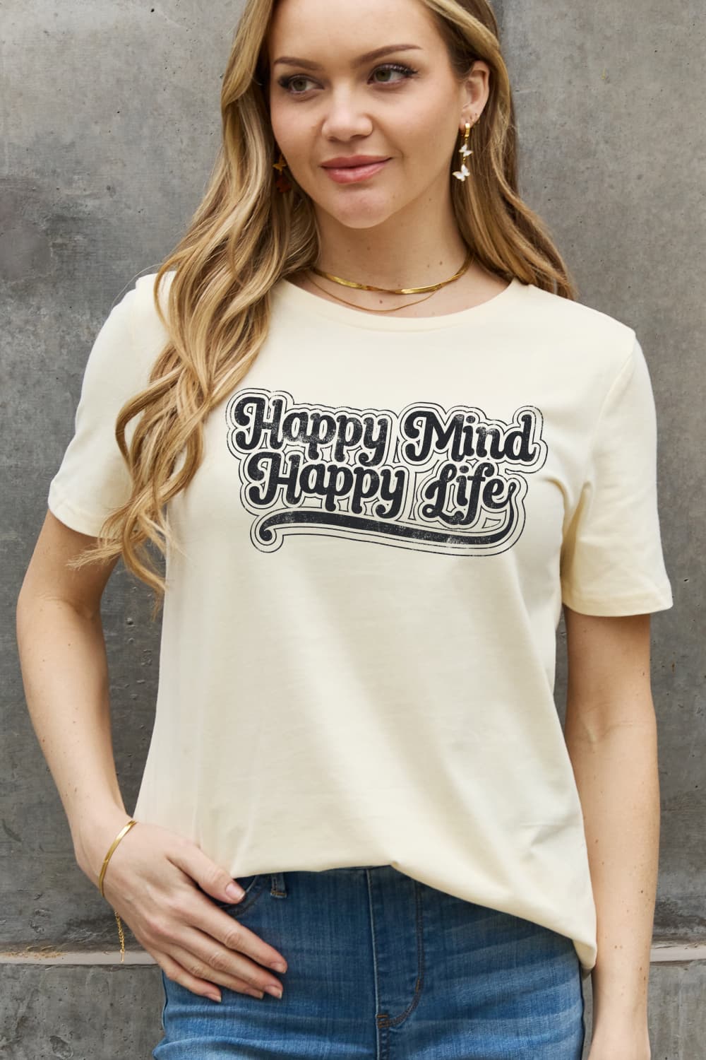 Simply Love Full Size HAPPY MIND HAPPY LIFE Graphic Cotton Tee  - Doll Fits