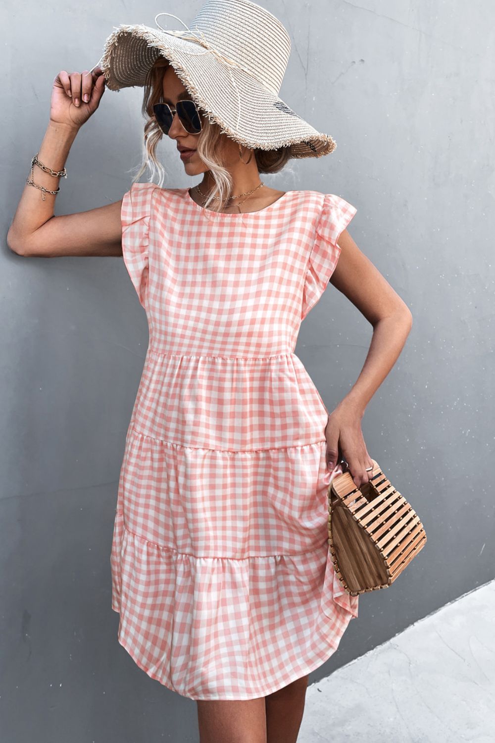 Gingham Ruffle Shoulder Tiered Dress  Dresses- Doll Fits