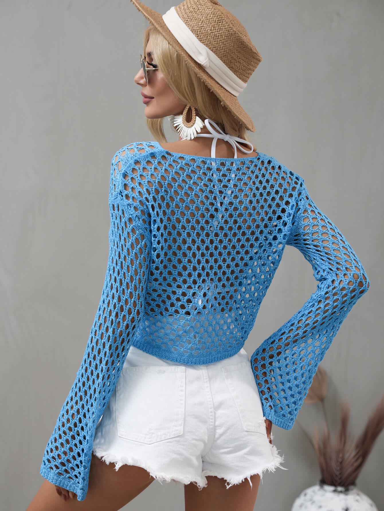 Openwork Flare Sleeve Cropped Cover Up  Swimwear- Doll Fits