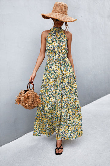 Printed Sleeveless Tie Waist Maxi Dress  Dresses- Doll Fits