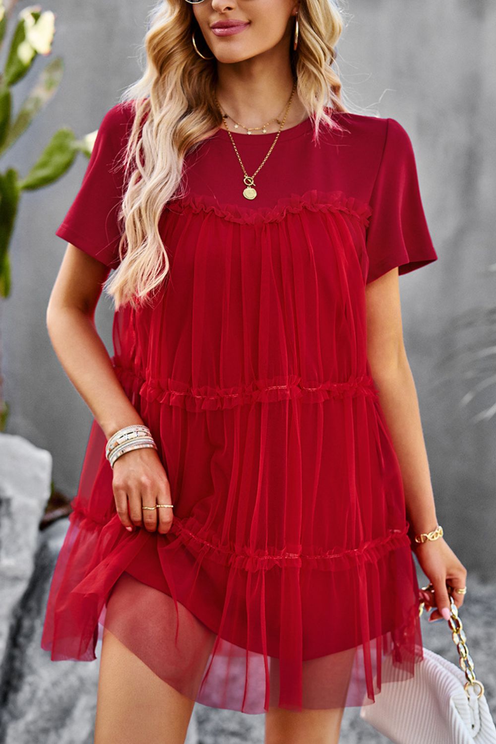 Frill Trim Spliced Mesh Mini Dress  Dresses- Doll Fits