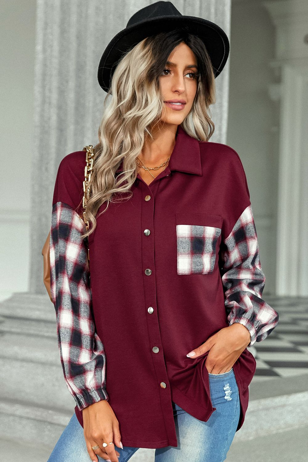 Plaid Dropped Shoulder Shirt with Breast Pocket  Shirts & Tops- Doll Fits