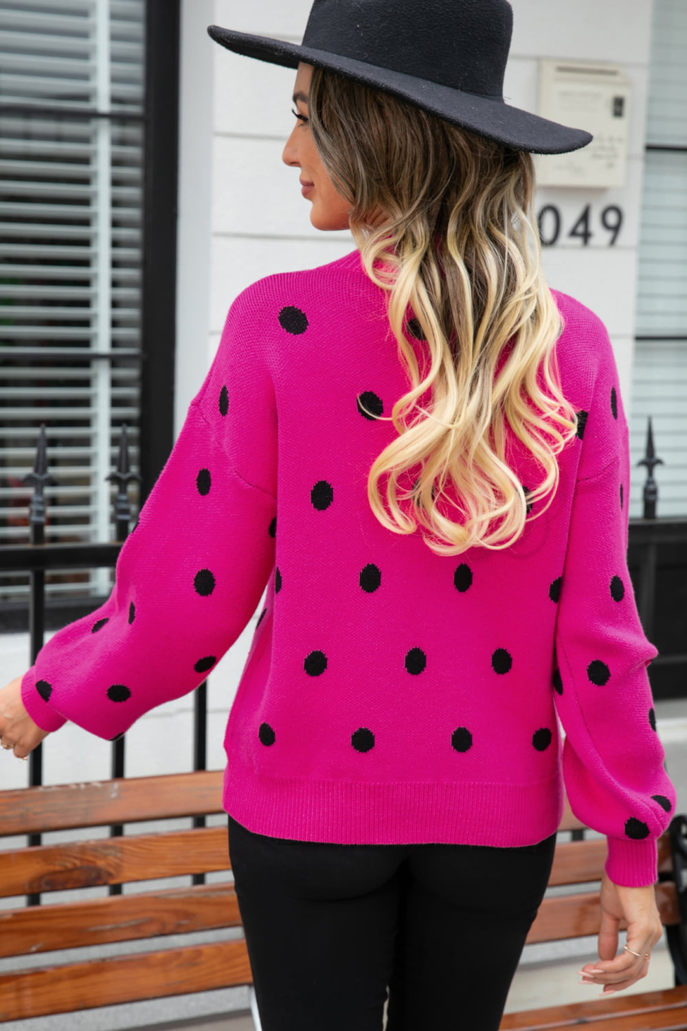 Woven Right Polka Dot Round Neck Dropped Shoulder Sweater  - Doll Fits