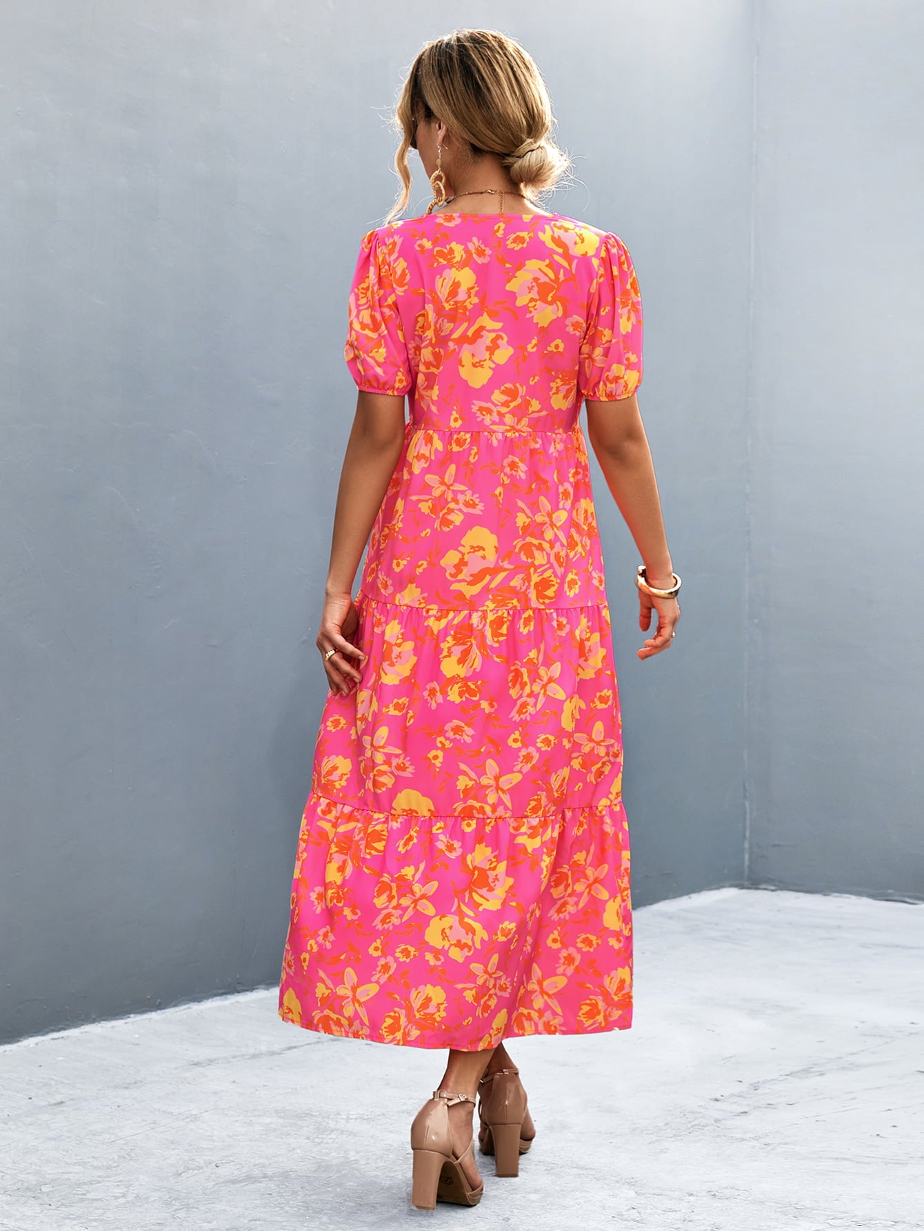 V-Neck Short Sleeve High Slit Midi Dress  Dresses- Doll Fits