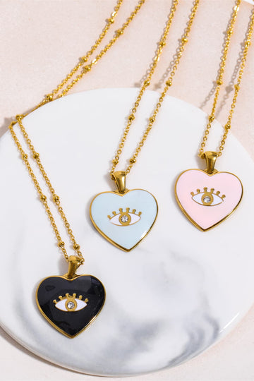 Heart & Evil Eye Shape 18K Gold Plated Pendant Necklace  Necklaces- Doll Fits
