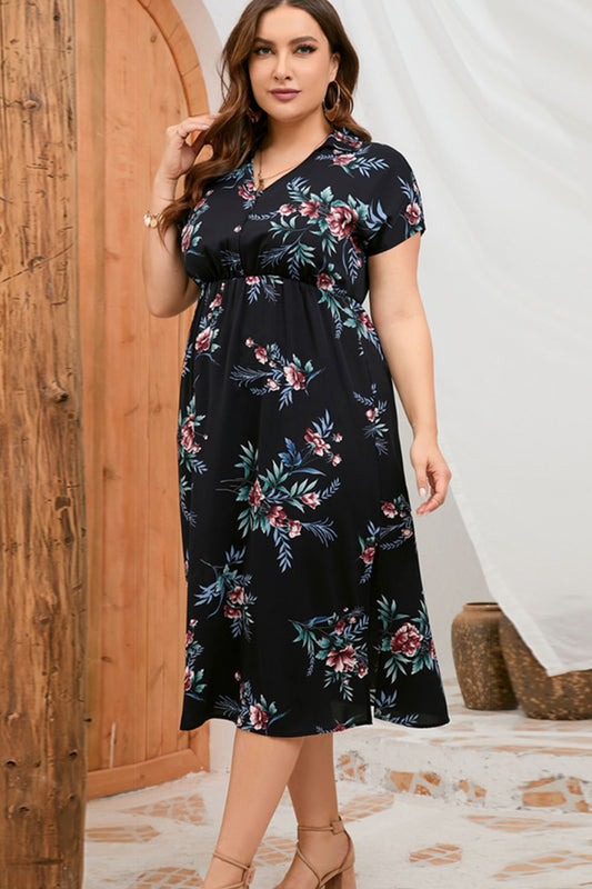 Plus Size Floral Johnny Collar Short Sleeve Dress  Dresses- Doll Fits