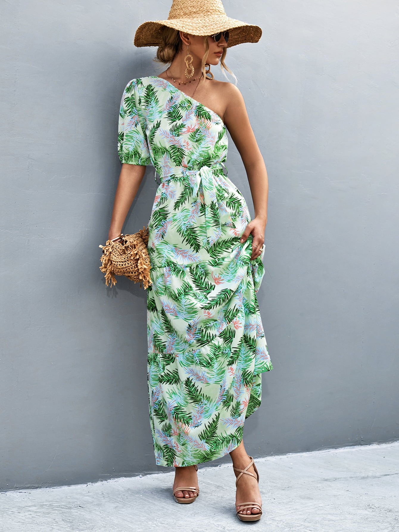 Printed Tie Waist One Shoulder Maxi Dress  Dresses- Doll Fits