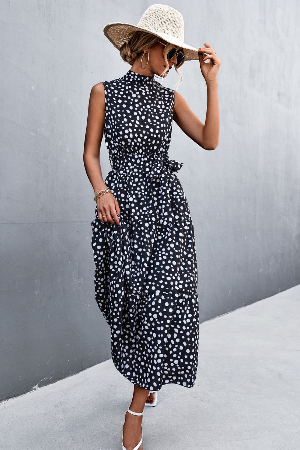 Printed Mock Neck Sleeveless Belted Tiered Dress  Dresses- Doll Fits