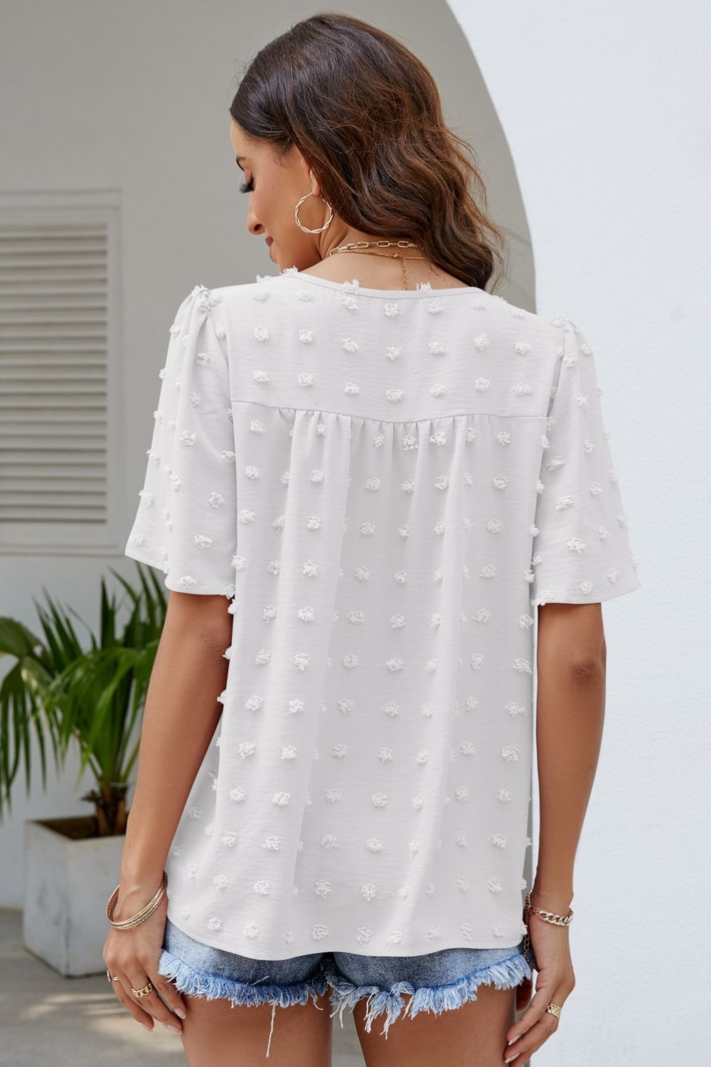 Swiss Dot Puff Sleeve Round Neck Blouse  Shirts & Tops- Doll Fits