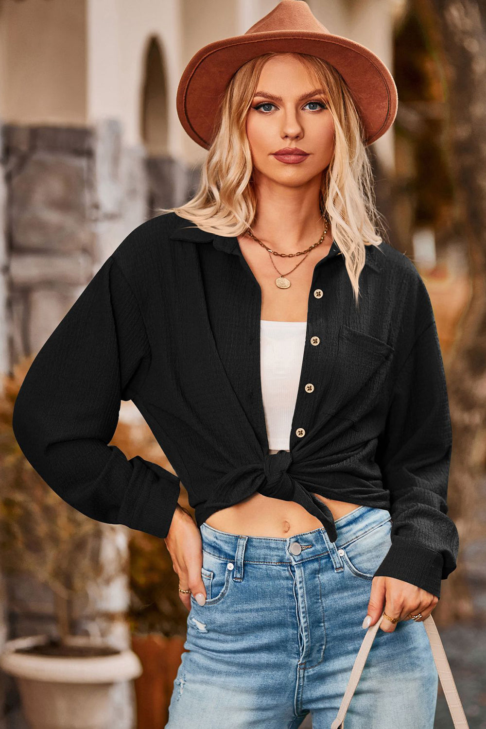 Twisted Collared Neck Long Sleeve Shirt  - Doll Fits