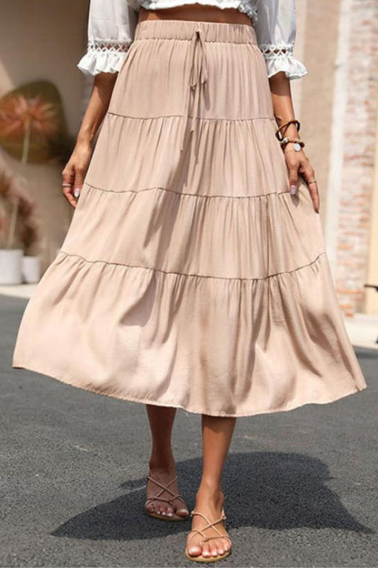 Elastic Waist Tiered Midi Skirt  Skirts- Doll Fits