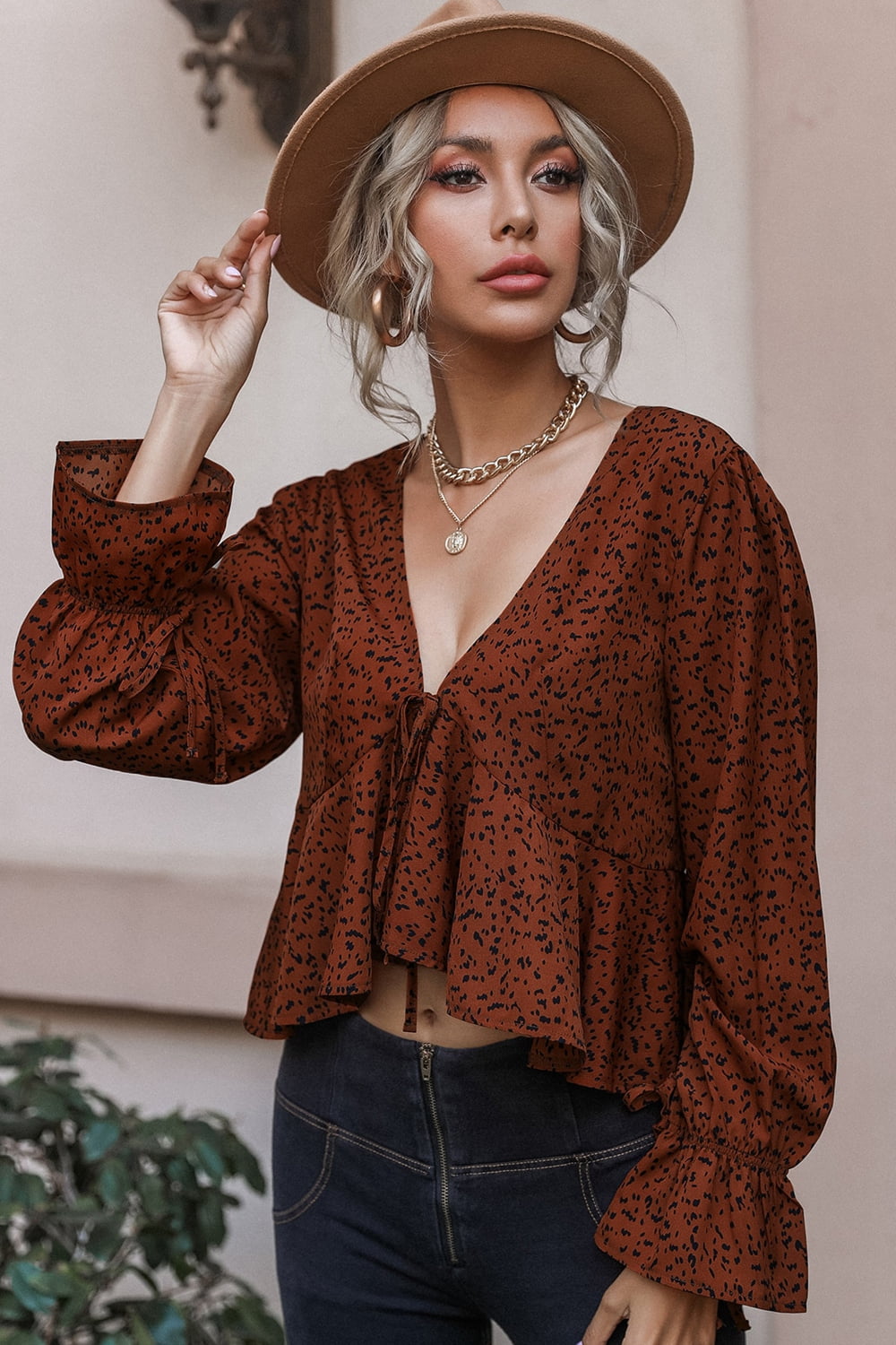 Cropped V-Neck Long Sleeve Blouse  - Doll Fits