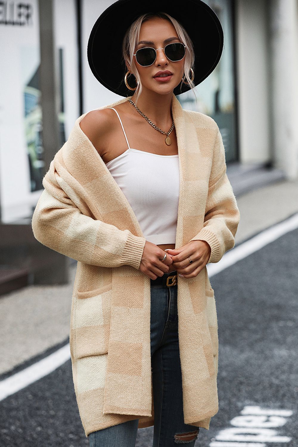 Plaid Dropped Shoulder Cardigan with Pocket  - Doll Fits