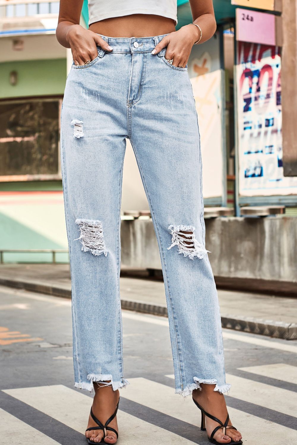 Distresssed Buttoned Loose Fit Jeans  - Doll Fits