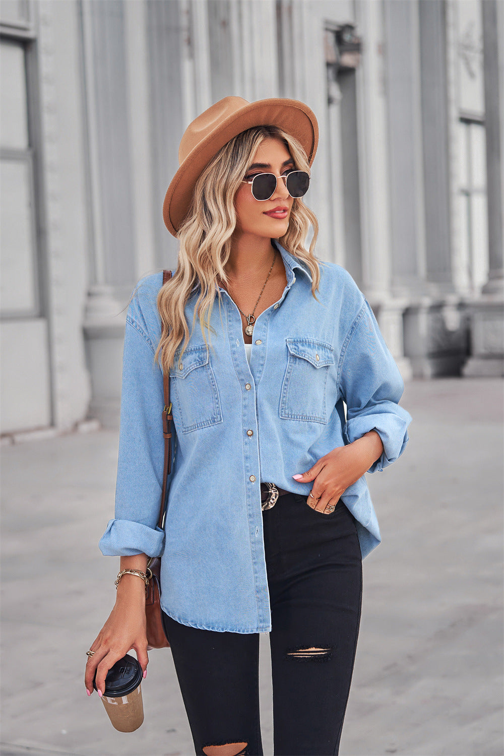 Collared Neck Dropped Shoulder Denim Top  Shirts & Tops- Doll Fits