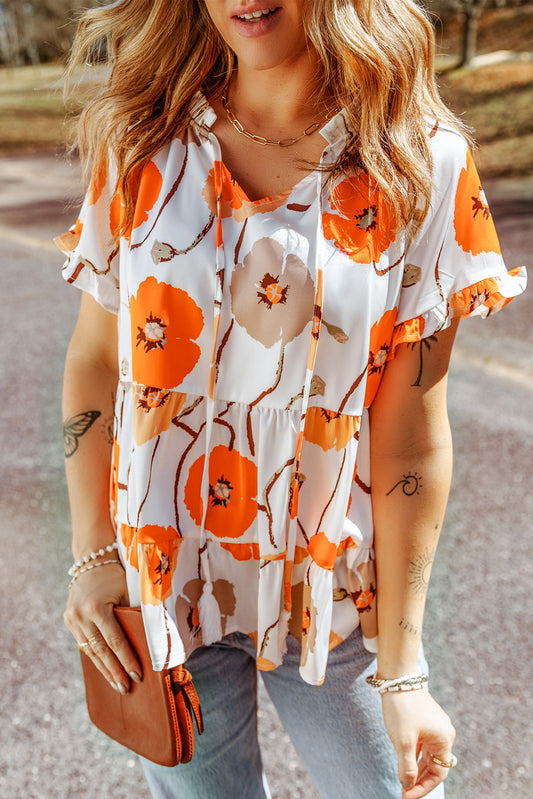 Printed Flounce Sleeve Tie-Neck Peplum Blouse  Shirts & Tops- Doll Fits