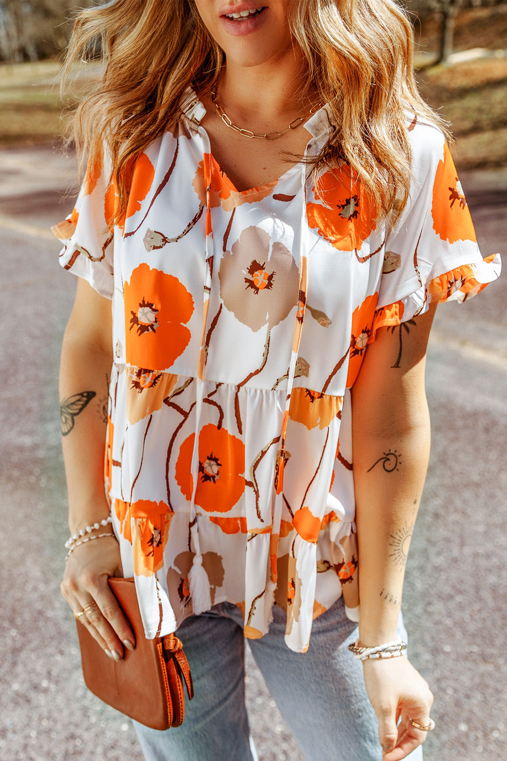 Printed Flounce Sleeve Tie-Neck Peplum Blouse  Shirts & Tops- Doll Fits