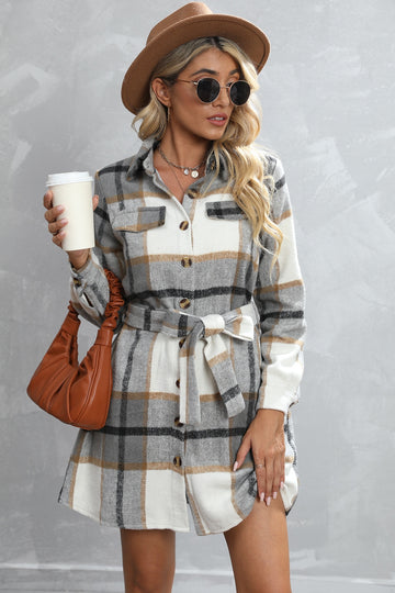 Plaid Tie Waist Longline Jacket
