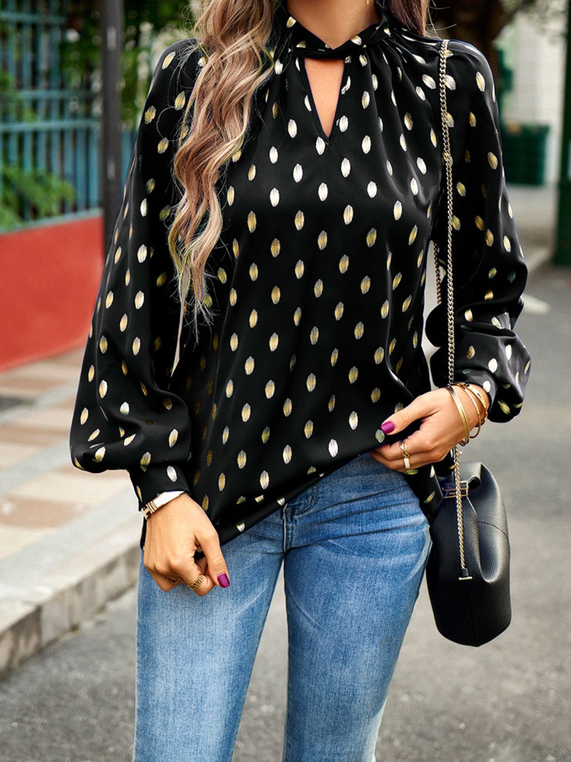 Mock Neck Cutout Lantern Sleeve Blouse  - Doll Fits