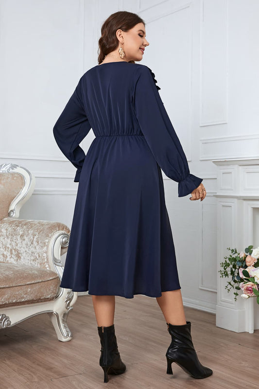 Melo Apparel Plus Size V-Neck Buttoned Flounce Sleeve Dress  Dresses- Doll Fits