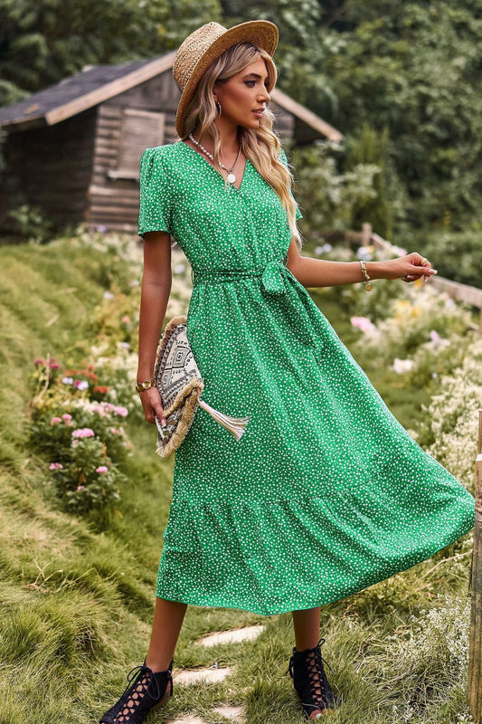 Printed Tie-Waist Short Puff Sleeve Surplice Dress  Dresses- Doll Fits