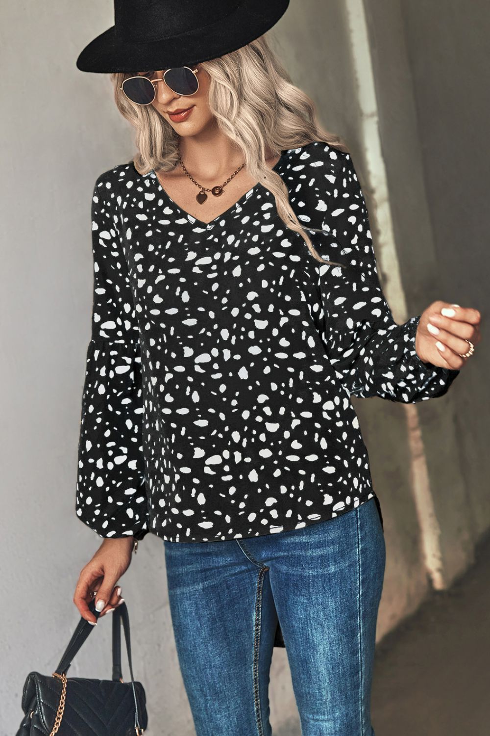 Animal Print V-Neck High-Low Blouse  Shirts & Tops- Doll Fits