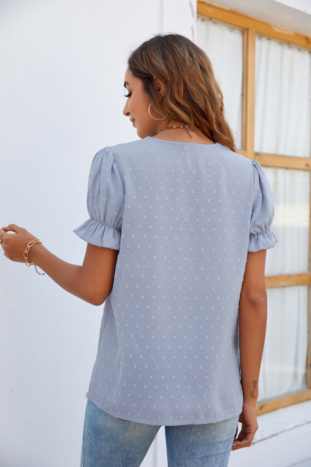 Swiss Dot Lace Trim Flounce Sleeve Blouse  Shirts & Tops- Doll Fits